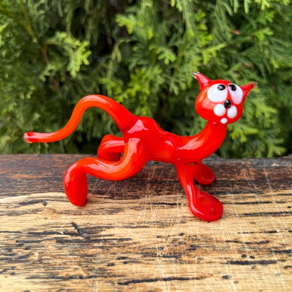 赤いガラスの猫の置物 - 長い子猫の吹きガラス彫刻 - ムラーノ