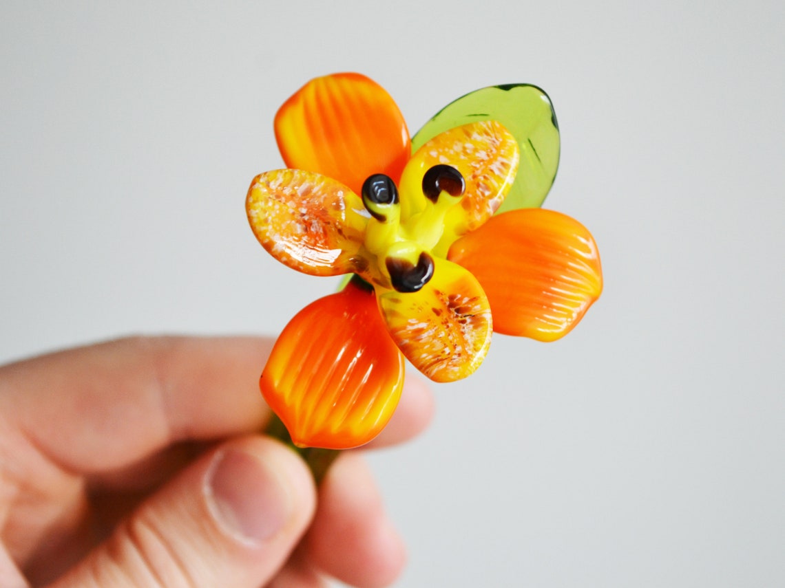 7 Orange Glass Flower Figurine Blown Flower Sculpture Etsy