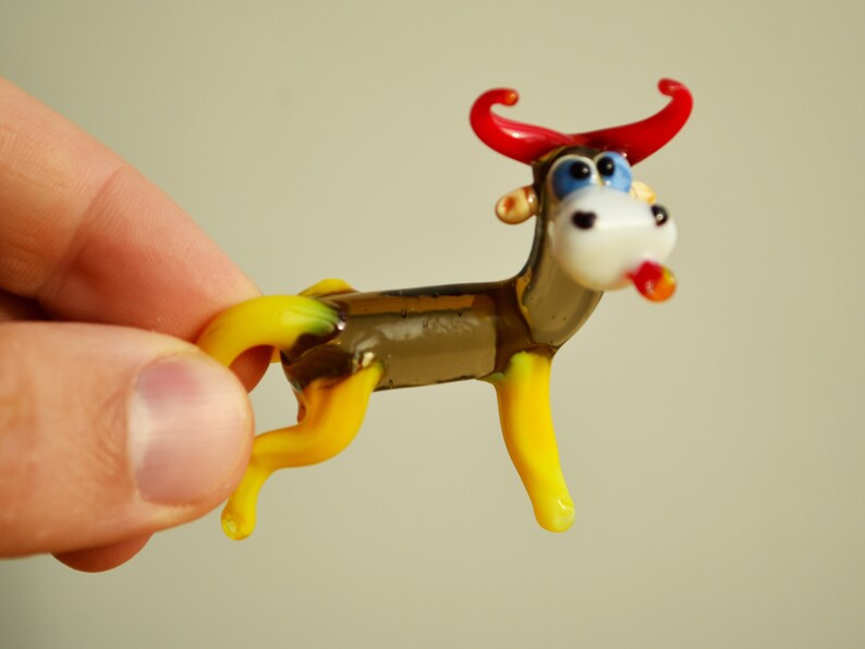 Glass Cow Figurines Small Animal Collector Paperweight Cow Sculpture Artglass Figurine Cow Statue Glass Cow Figurine Blown Glass Yellow Bull