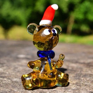 Yellow Glass Bear Figurine – Blown Glass Animal Sculpture – Murano Style Miniature Bear – Handmade Tiny Collectible – Small Bear Gift Idea