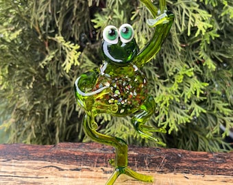 Zielona szklana figurka żaby – dmuchana szklana żaba – miniaturowa dekoracja w kształcie zwierzątka – dekoracja półki – prezent dla miłośnika żab
