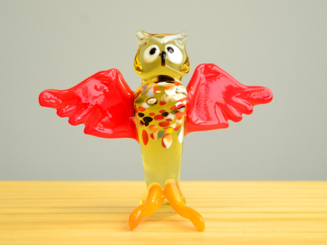 Hibou En Verre Ancien Milieu De Siècle - Décoratif, Couleur Cadmium, Presse-papier Ou Objet De Vitrine