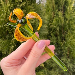 Yellow Glass Iris Flower Figurine with Black Spots - Hand Blown Glass Garden Flower Sculpture, Murano Flowers Perfect Gift for Garden Lovers