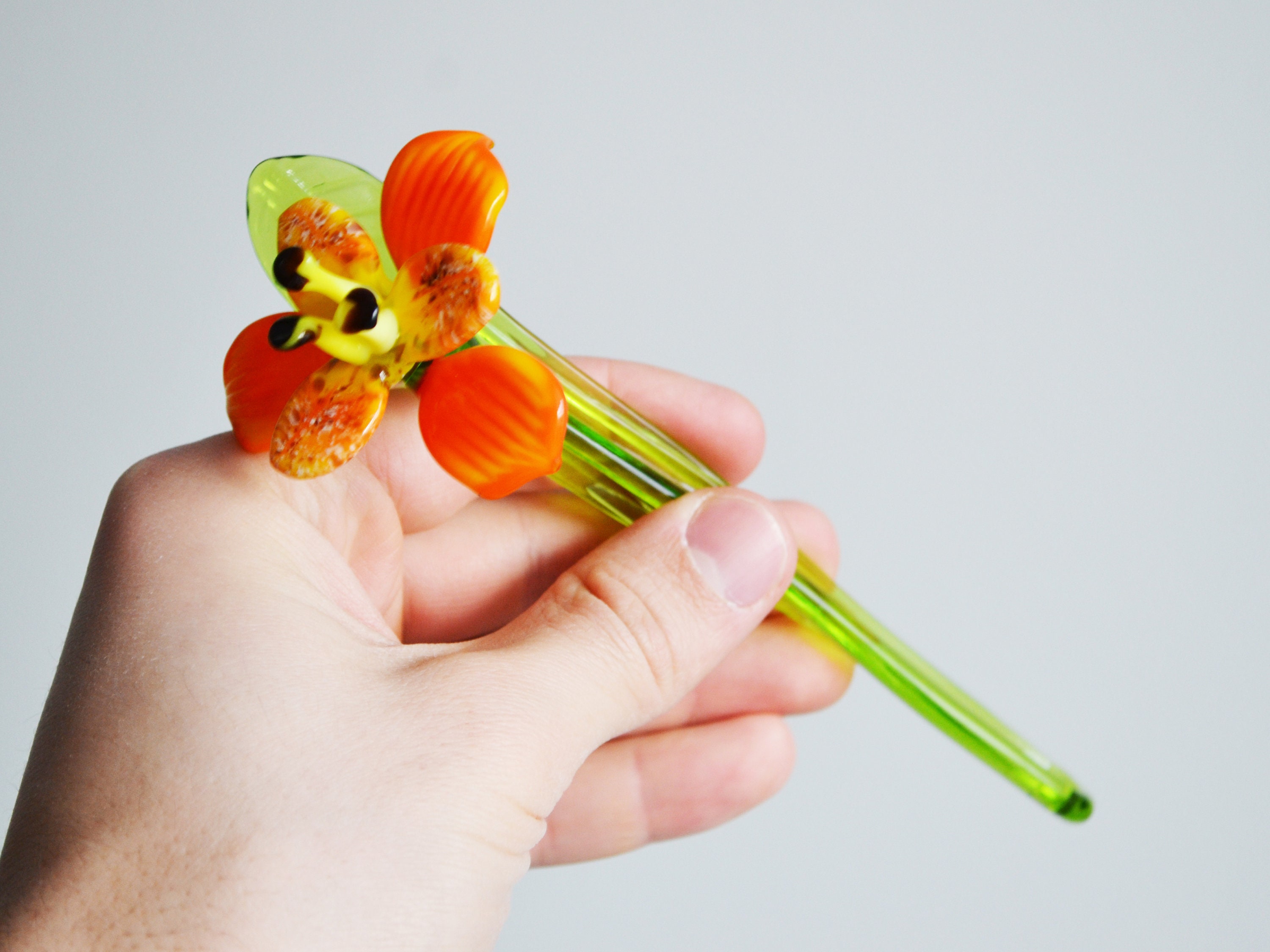 7 Orange Glass Flower Figurine Blown Flower Sculpture Etsy