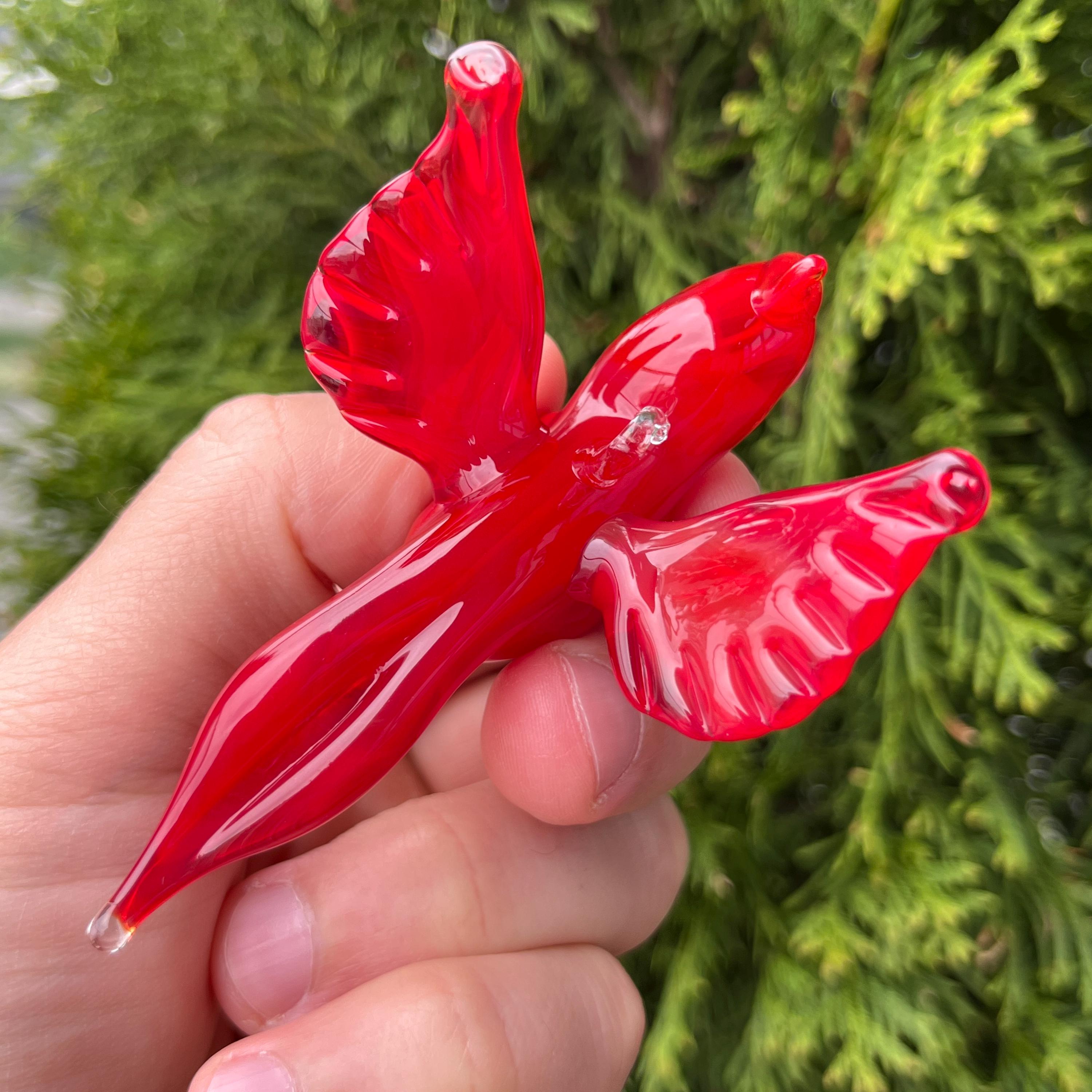 【美品】赤色　レッドガラス 小鳥　彫刻 置物　インテリア 赤いガラスのカーディナルの置物 - 吹きガラスの鳥の彫刻 - ミニチュア