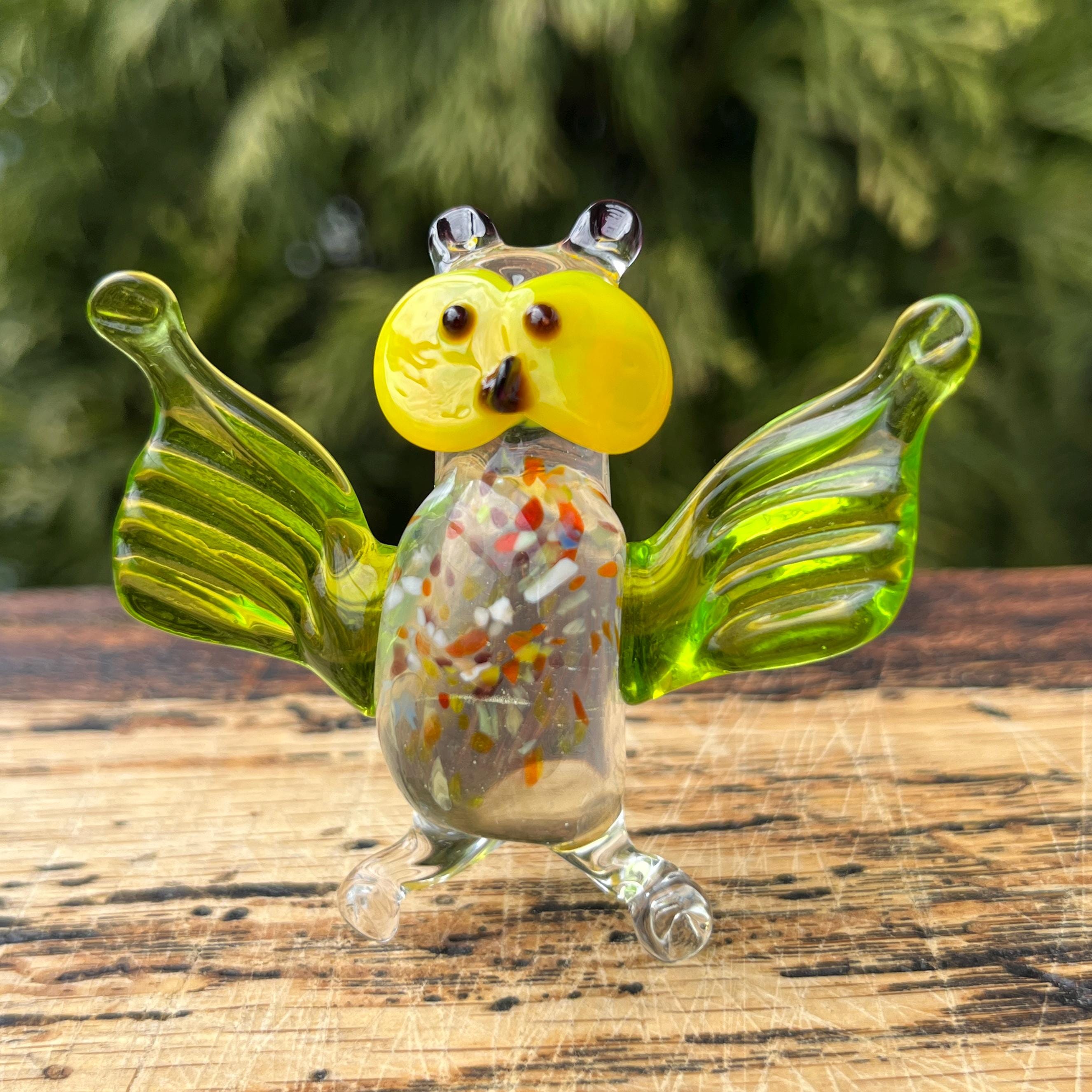 Green Glass Owl Figurine – Handmade Lampwork Mini Owl Sculpture