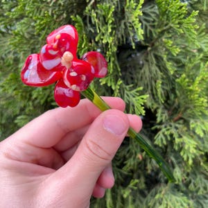 Red Glass Orchid Flower Figurine – Blown Glass Orchid Sculpture with Stem – Handmade Murano Style Floral Ornament – Garden Decoration Gift
