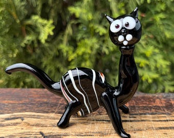 Zwart glazen kattenbeeldje – handgeblazen kattensculptuur in Murano-stijl – mini glazen dier – kattenliefhebber cadeau en bureaudecor