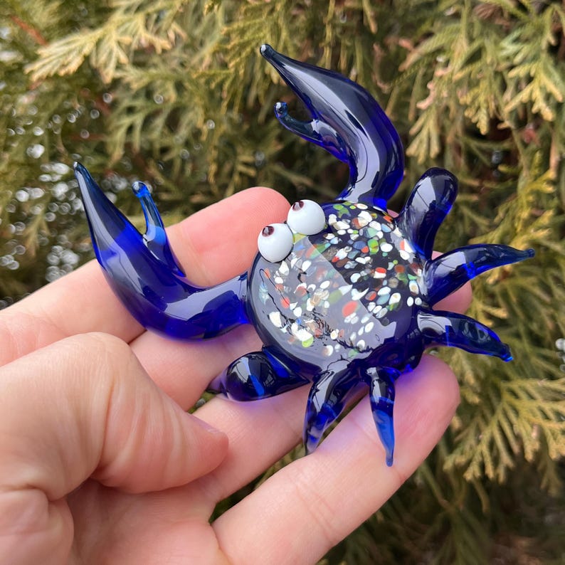 Blue Glass Crab Figurine – Hand Blown Murano Style Crab Sculpture – Ocean Decor – Crab Lover Gift image 11