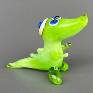 Green Glass Crocodile Figurine – Miniature Murano Style Crocodile – Art Glass Animal Sculpture – Unique Collectible – Christmas Gift Idea