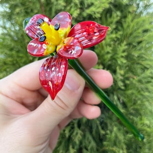 7” Glass Flower Figurine – Blown Glass Garden Sculpture – Glass Flower Gifts – Murano Style Flower Collectible – Floral Home Decor for Mom
