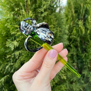 Art Glass Flower Black Iris Figurine - Blown Iris Flower Sculpture, Murano Long Stem Glass Iris Flowers, Garden Iris Ornaments, Unique Decor