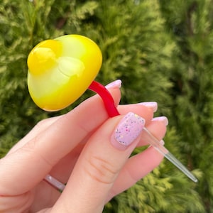 Yellow Glass Mushroom Figurine – Miniature Blown Glass Mushroom Sculpture – Glass Mushroom Stake – Plant Decoration – Unique Small Gift Idea