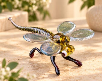 Figura de libélula de cristal – Escultura de libélula soplada a mano – Decoración de insectos – Regalo para amantes de la jardinería