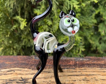 ムラーノ ガラス 猫型オブジェ 1984年製 ガラスの猫の置物、手吹きガラスの猫、ミニチュア猫、ムラーノ猫、猫の