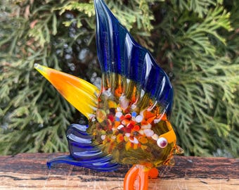 Blue Glass Fish Figurine, Hand-Blown Murano Style Fish Sculpture