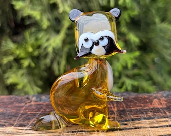 Glass Raccoon Figurine – Hand Blown Mini Raccoon Sculpture – Murano Style Animal – Woodland Decor – Raccoon Lover Gift