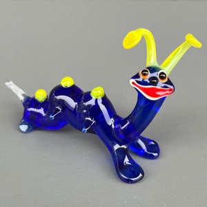 Blue Glass Caterpillar Figurine – Blown Glass Bug Sculpture – Colorful Murano Style Insect – Unique Birthday Gift – Miniature Animal Art