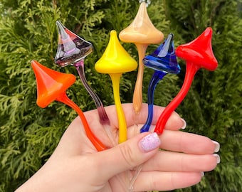 Glass Mushroom Figurine – Hand Blown Art Glass Mushroom Stake – Fairy Garden & Plant Decor – Color Choice