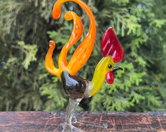 Blown Glass Rooster Figurine – Colorful Murano Style Hen – Miniature Farm Animal – New Year Gift – Handmade Rooster for Collectors