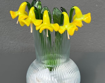 Glass bell flowers figurine Blown glass bell flower sculpture glass murano yellow bell flower long stem flowers gift for mom decor for home