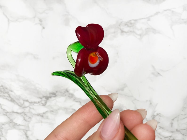 Violet glass flower figurine Red violet glass flower gift Red glass african violet Handblown murano glass flower Gift for her image 6