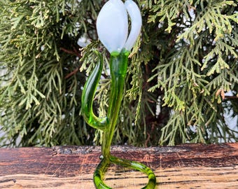 White Glass Snowdrop Flower with Stand – Blown Glass Spring Flower – Floral Decor – Gift for Mom