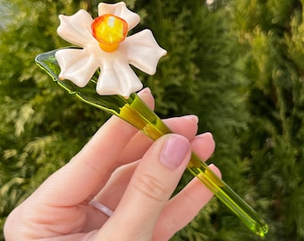 Szklana Figurka Kwiatowa Dmuchany Kwiat Szklany Rzeźba Kwiatowa Artglass Kwiat Murano Biały Kwiat Długie Łodygi Ozdoby Figurki Kwiaty Prezent dla Mamy