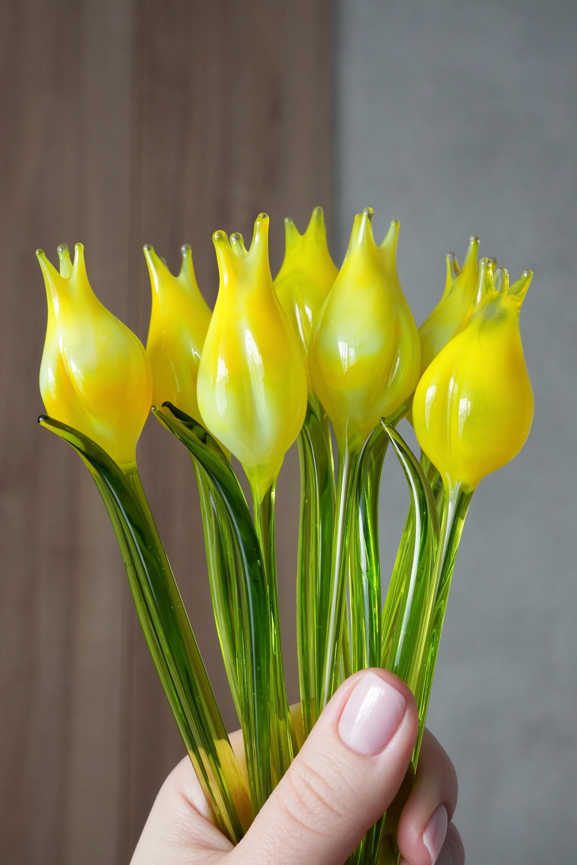 Yellow Glass Tulip Flower – Hand Blown Glass Flower Stem – Floral
