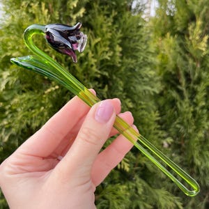 Purple Glass Bell Flower Figurine – Blown Glass Flower Sculpture, Murano Art Glass Floral Ornament, Garden Flower Miniature, Handmade Flower
