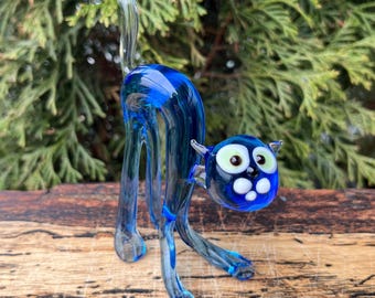Blauw glazen kattenbeeldje, miniatuur handgeblazen kunstglazen presse-papier