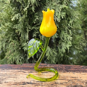 Yellow Glass Rose with Stand – Blown Glass Rose Flower Figurine – Art Glass Sculpture – Unique Gift for Her – Decorative Rose Ornament