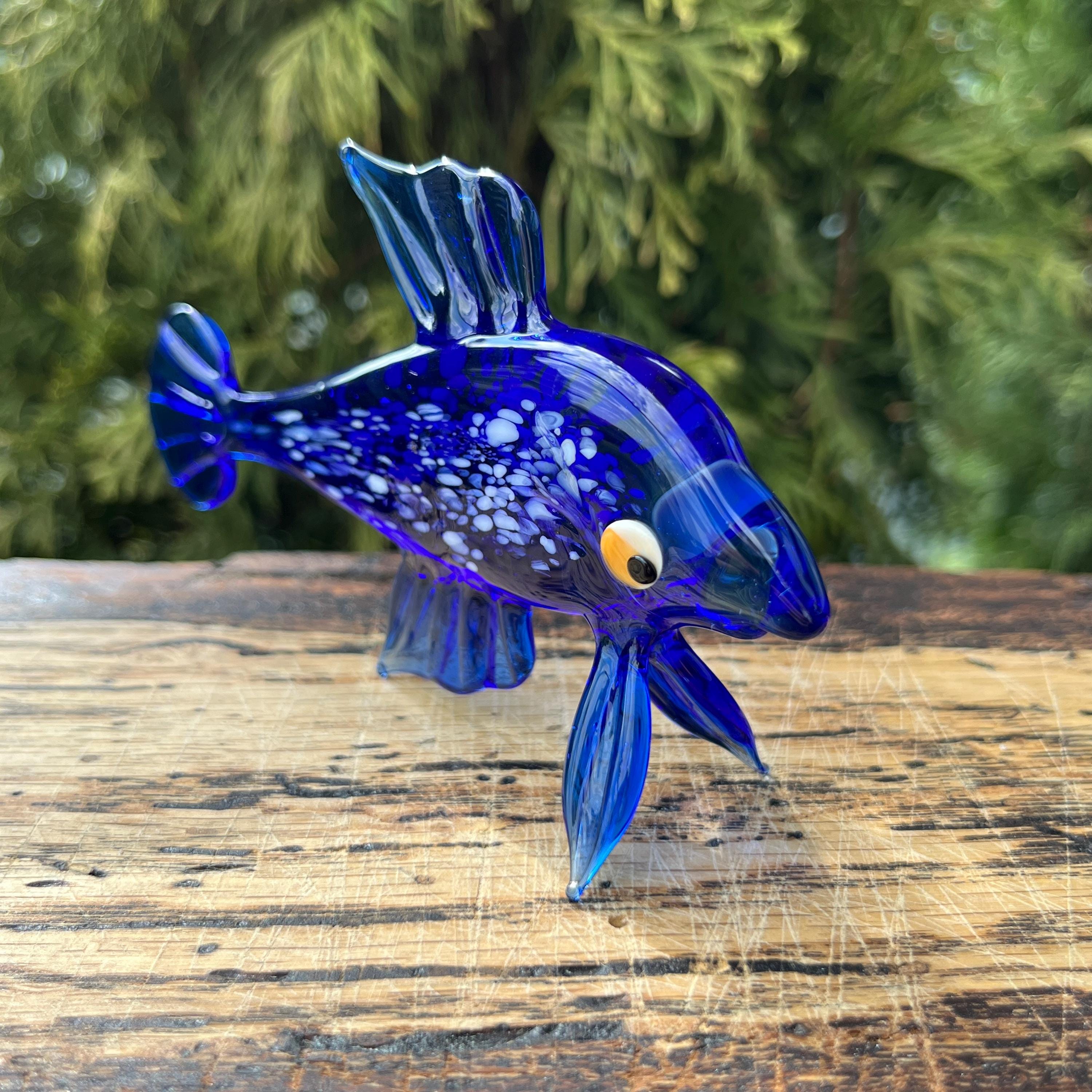 青いガラスの魚の置物、ミニチュア手吹きアートガラス - Etsy 日本