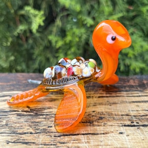 Orange Glas Schildkröte Figur, mundgeblasene Miniatur im Murano-Stil