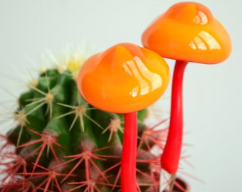 Orange Glass Mushroom Figurine – Hand Blown Glass Mushroom Decor – Plant Pot Ornament – Mushroom Lover Gift