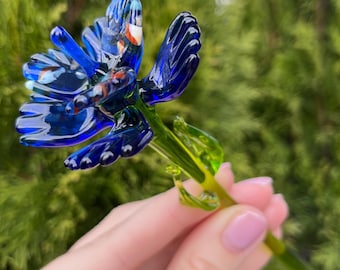 Blue Glass Flower Figurine - Wall Decor Floral Arrangement - Blown Glass Flower Art - Handmade Glass Flower Gift - Flower Pot Decoration