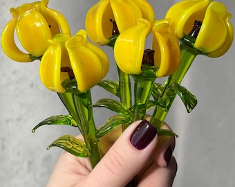 Yellow Glass Tulip Flower Figurine, 7” Long Stem, Hand-Blown Art Glass