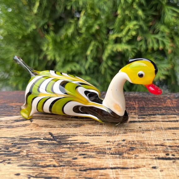 Two Vintage Colourful Glass Duck Figurines, Collectible Bird