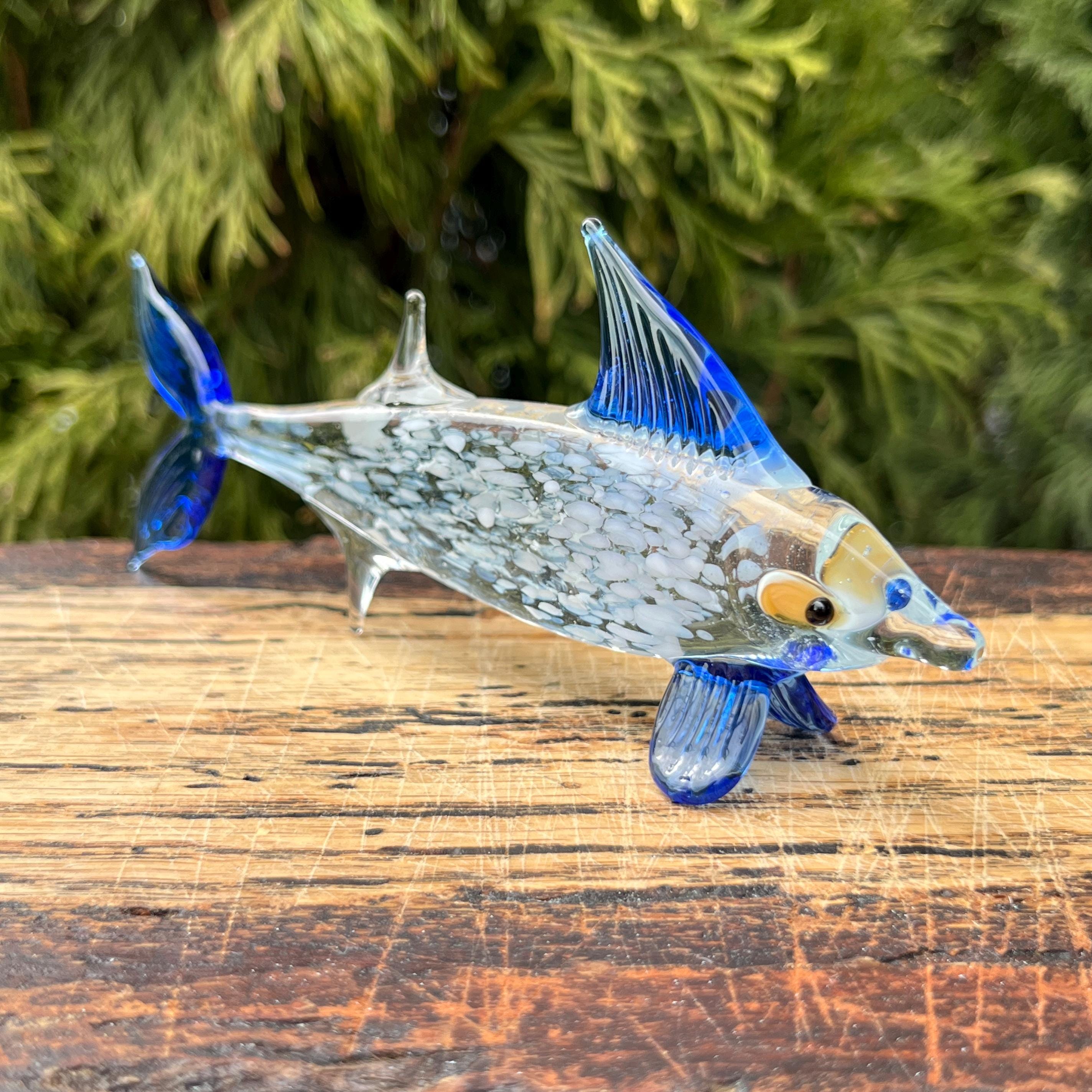 青いガラスの魚の置物 - ミニチュアアートガラス彫刻 - ムラーノ