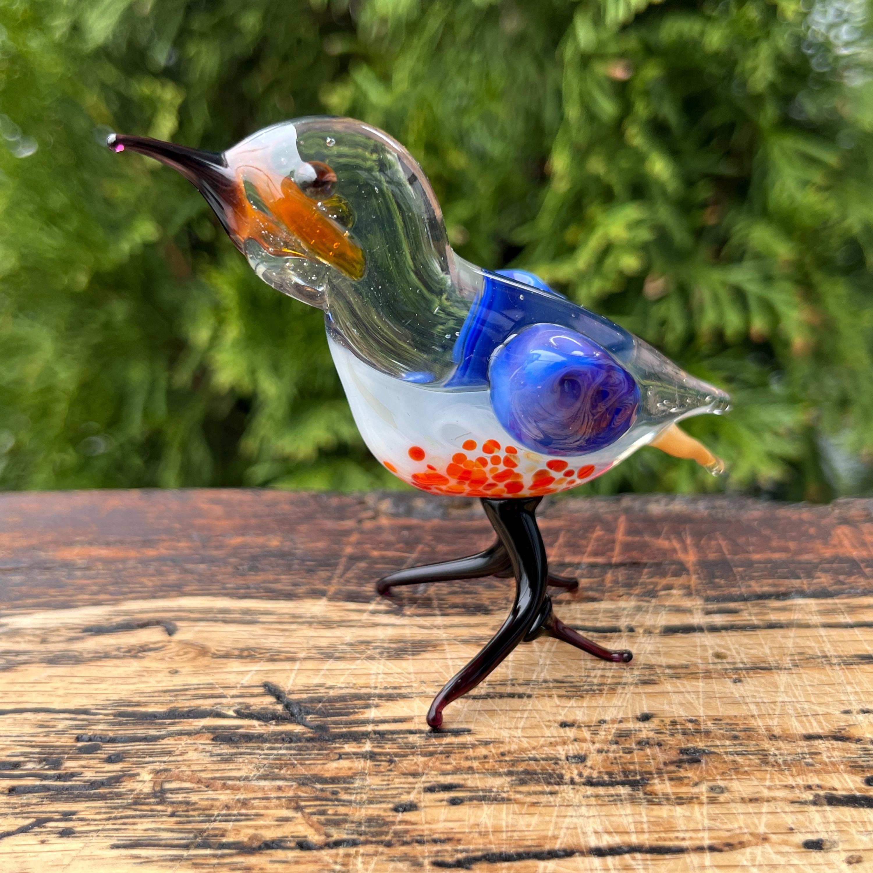 青いガラスの鳥の置物 - 手吹きガラスの鳥の彫刻 - ミニチュアランプ