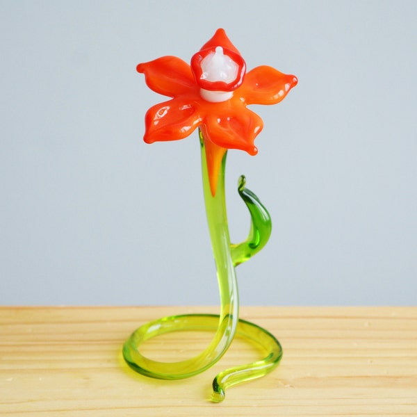 Fleur de narcisse en verre orange - Figurine de fleur de narcisse - Sculpture de fleur d’oranger - Décor pour jardin - Décoration pour plantes - Cadeau de fleur