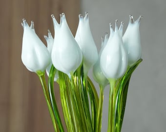 Witglazen tulpbeeldje, handgeblazen glazen bloem, plantenpot en tuindecor, lentehuisdecor, uniek bloemencadeau