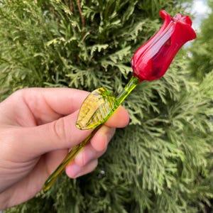 Peut inclure: Une rose en verre faite à la main avec une fleur rouge vif, une tige verte et une feuille jaune-vert. Le verre transparent laisse passer la lumière. La rose est placée sur un fond de feuillage vert.