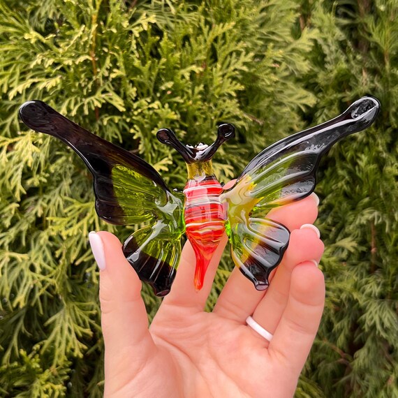 Green Glass Butterfly Figurine – Handmade Hand Blown Insect Sculpture – Art Glass Decor for Home or Nursery – Unique Gift