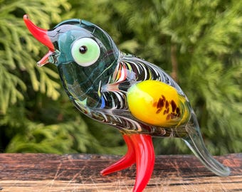 ガラスの置物　オウム　鳥 黄色いオウムのガラスの置物 - 手吹きガラスの鳥 - オウムの彫刻