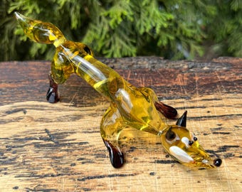ガラスのキツネの置物、手吹きガラスのキツネ、ミニチュアキツネ