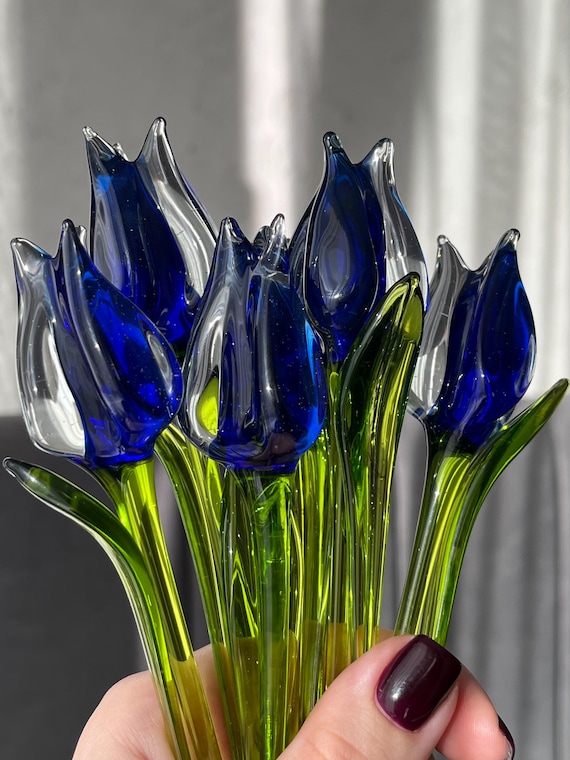 Blue Glass Tulip Flower Figurine – Hand Blown Murano Style Tulip