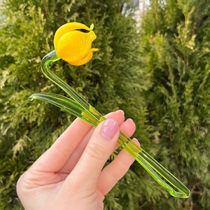 Yellow Glass Bell Flower Figurine – Murano Blown Glass Sculpture, Garden Flower Miniature, Art Glass Flower for Vase, Gift for Flower Lovers