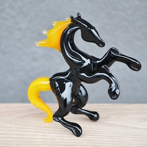 Black Glass Horse Figurine with Orange Tail – Handcrafted Murano Style Miniature – Unique Art Glass Horse Sculpture – Gift for Horse Lovers