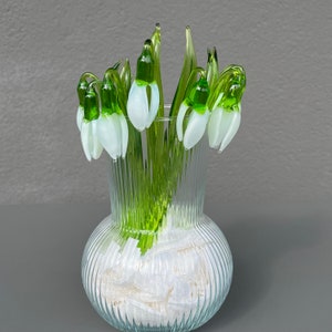 White Glass Snowdrop Flower Figurine – Blown Glass Flower Sculpture – Handmade Murano Style Floral – Garden Ornament – Gift for Flower Lover